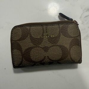Coach Tan and Brown Signature small zip around Wallet